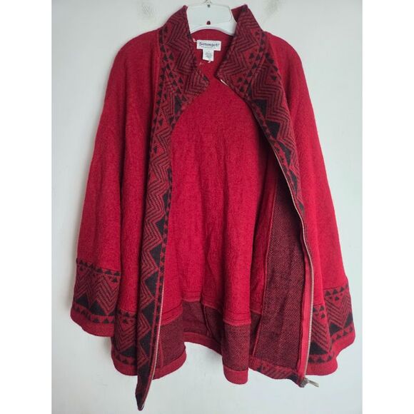 Serengeti Red w/Black Fair Isle Print 100% Wool Full Zip Cape Sweater size XL - Picture 6 of 10